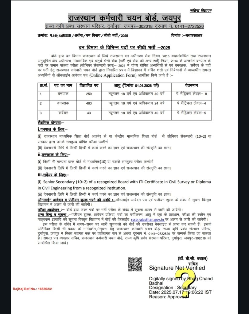 Vanpal And Vanrakshak Bharti Rajasthan 2025